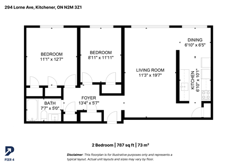 Floor plan for 2 beds, 1 bath